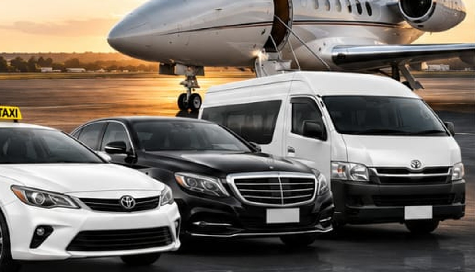 Hopsam Services fleet — saloon car, executive sedan and passenger bus beside a private jet