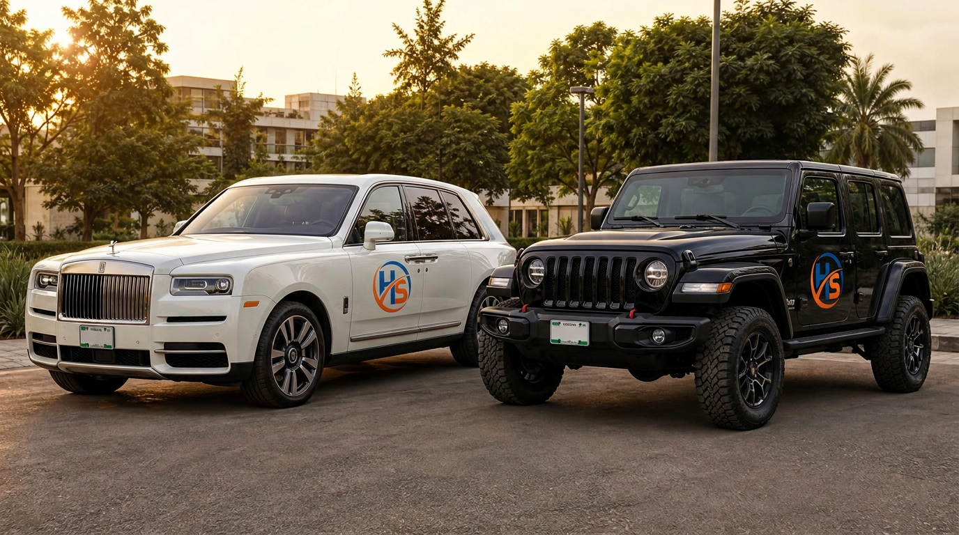 Hopsam Services branded Jeep Wrangler and Rolls-Royce Cullinan SUV parked in Abuja, Nigeria